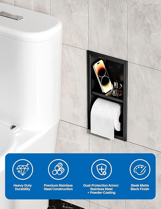 Toilet Paper Dispenser with Recessed Wall Niche for Storage,Stainless Steel Toilet Paper Holder with Shelf,Brushed,15.9inX7.9inX4.9in (Matte Black, 12.2 * 4.8 * 3.9 in) - ModernBath