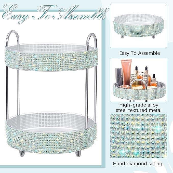Honeydak 360 Rotating Perfume Organizer Rhinestone Bathroom Counter Organizer Makeup Holder with 2 Tiers Skincare and Perfume Storage, Large Capacity Vanity Storage for Cosmetic Countertop Decor - ModernBath