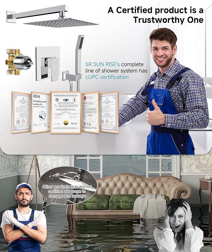 SR SUN RISE Shower System Bathroom 10 Inch Rainfall Shower Head & Handle Set Wall Mounted Rain Shower Faucet Set Polished Chrome - ModernBath
