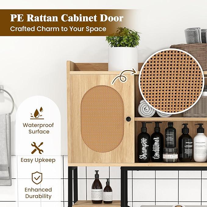 Giantex Over The Toilet Storage Cabinet with Rattan Door, Freestanding Space Saver Rack Above Toilet with Metal Stand, Adjustable Shelf, Over Toilet Bathroom Organizer for Restroom, Laundry - ModernBath
