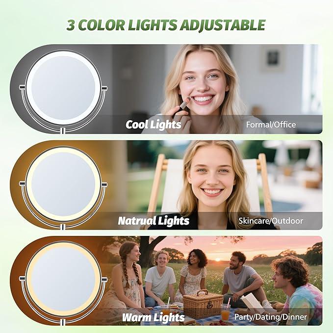 VORREMIRR 9" Large Lighted Makeup Mirror with Magnification 20X/1X, Magnifying Mirror with Base Charging and Switch, Rechargeable Vanity Mirror with 3 Color Dimmable Lights for Dresser, Bathroom - ModernBath