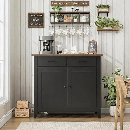 HORSTORS Kitchen Storage Cabinet, Modern Farmhouse Buffet Cabinet with Storage, Coffee Bar with 2 Drawers and 2 Doors, Floor Sideboard Buffet for Living Room, Dining Room, Bathroom, Black/Rustic Brown - ModernBath