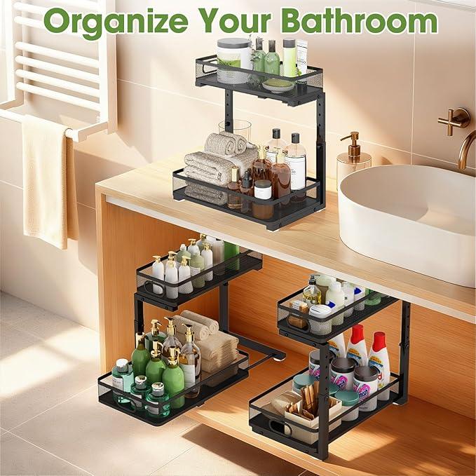 Under Sink Organizer 2-Pack, Metal 2-Tier Pull-Out Cabinet Shelf with Slide-Out Mesh Drawers, Height Adjustable, Space-Saving Under Sink Storage Racks for Kitchen, Bathroom, Laundry Room - ModernBath