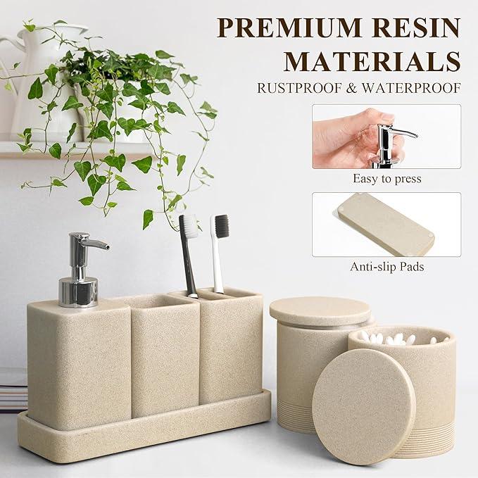 YMXYJM Bathroom Accessories Set, 6 Piece Bathroom Set with Toothbrush Holders, Soap Dispenser, Vanity Tray, Tumbler, Cotton Swab Jars, Bathroom Organizer，Bathroom Sink Sets, Stone Beige - ModernBath