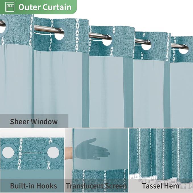 eachope No Hook Extra Long Shower Curtain Set with Snap-in Liner,Linen Textured Thick Striped Fabric with Tassels,Boho Chic Modern Farmhouse Bathroom Curtain,Water-Repellent,Teal,71x86 - ModernBath