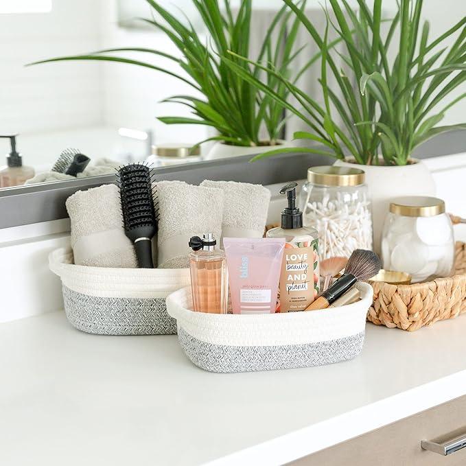 NaturalCozy 5-Piece Rectangle Storage Basket Set- Natural Cotton Rope Woven Baskets for Organizing! Small Basket for Montessori, Baby Nursery, Dog Toy Baskets, Cat Toy Box, Bathroom Organization Bin - ModernBath