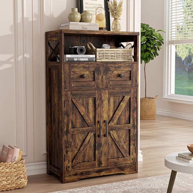 Rustic Brown Farmhouse Storage Cabinet with Barn Doors and Shelves, Freestanding Kitchen Pantry Storage Cabinet, Coffee Bar Station, Hutch Cupboard for Kitchen, Dining Room, Livingroom - ModernBath