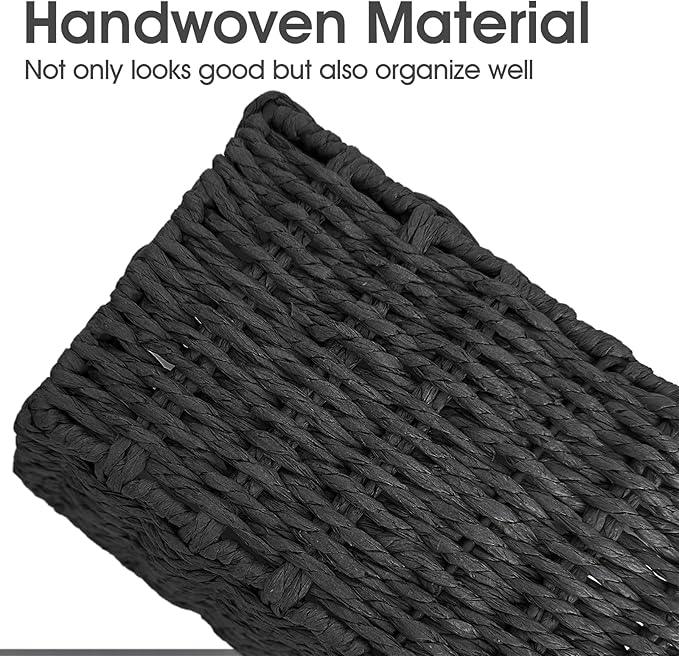 Paper Rope Storage Baskets for Shelves Organizing, Small Hand Woven Wicker Organizer Basket with Handle for Bathroom Toilet Paper Storage, Black, 3-Pack - ModernBath