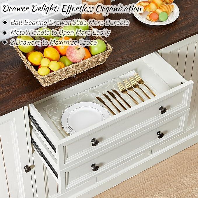 Farmhouse 58" Buffet Cabinet with Storage, 34" Tall Coffee Bar Cabinet w/2 Large Drawers & 4 Grooved Barn Doors, Wood Rustic Sideboard Buffet Cabinet for Dinning Room, Kitchen, Living Room,White - ModernBath