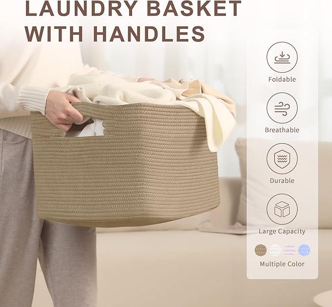 60L Small Wicker Laundry Basket for Living Room Storage,Boho Woven Cotton Rope Baskets for Kids Toy,Gifts,Square Blanket Hamper for Bedroom Dirty Clothes,Jute - ModernBath
