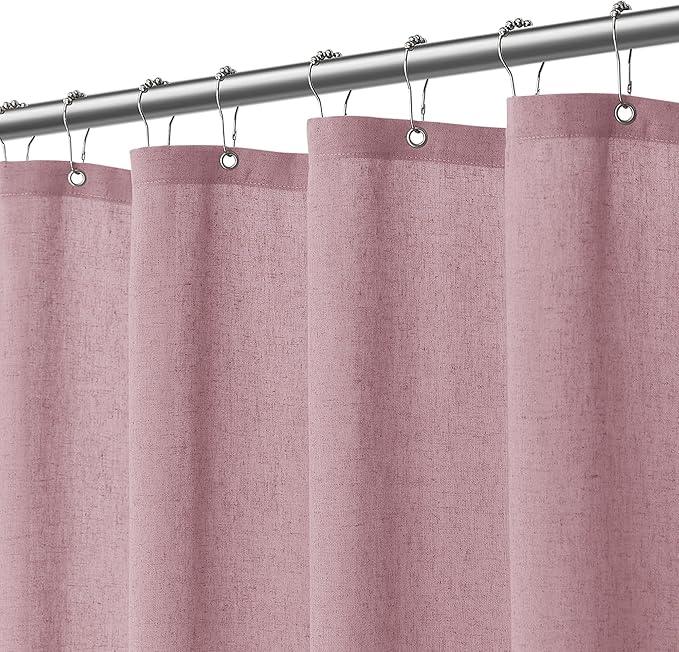 Jowels Blush Pink Linen Shower Curtain, Boho Farmhouse Shower Curtain Set for Bathroom, 200GSM Luxury Weighted Water Resistant Fabric Textured Shower Curtains with 12 Metal Hooks, 72Wx72H - ModernBath
