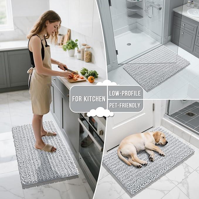 Yimobra Bathroom Rugs Non Slip Washable - Ultra Soft Absorbent Chenille Bath Mat, Quick Dry Shaggy Floor Carpet for Tub Shower, Silver Home Decor Accessories, 24x17 Inch - ModernBath