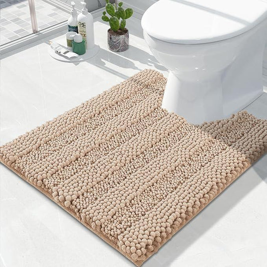 Yimobra Toilet Rugs U Shaped Washable 24 x 20, Non Slip and Super Absorbent Toilet Mat, Quick Dry, Ultra Luxury Microfiber Chenille Plush Fluffy Contour Bath Rugs for Toilet Base, Beige - ModernBath