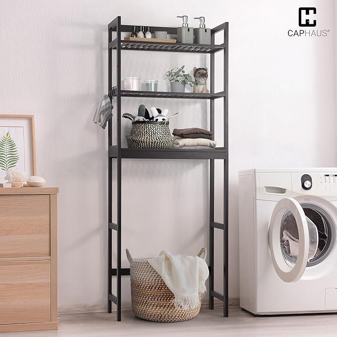 CAPHAUS Over The Toilet Storage Shelf,3-Tier Over-The-Toilet Shelf Rack with Adjustable Feet & Hooks, Freestanding Bamboo Toilet Shelf, Bathroom & Laundry Organizer, Balcony Plant Stand, Black - ModernBath