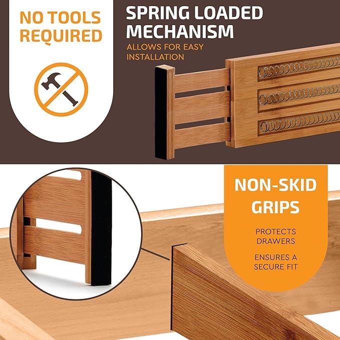 6 Pack Drawer Dividers 6 Inch High, 11”-17" Adjustable Bamboo Organizers Large Expandable Drawer Separators for Cloths, Dresser, Bedroom, Bathroom, Baby Drawer, Office & Kitchen Utensils (Natural) - ModernBath
