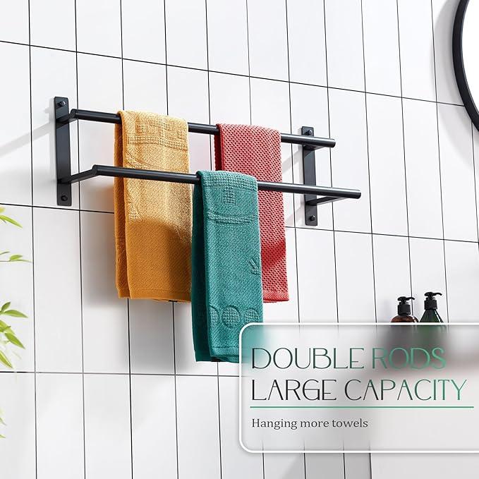 KOKOSIRI 24 Inch Double Towel Bar Bath Towel Racks Bathroom Towel Holder Towel Rails Towel Storage Towel Shelf Wall Mounted Stainless Steel Matte Black B5010BK-L24 - ModernBath