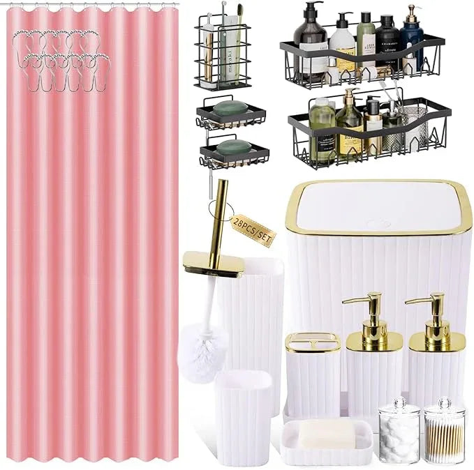 XLHOMO Bathroom Accessories Set - Gorgeous Bathroom Set, 28PC White Bathroom Accessory Set, Shower Curtain with 5PC Adhesive Corner Shower Caddy Hanging, Toilet Brush, Trash Can & Soap Dispenser - ModernBath