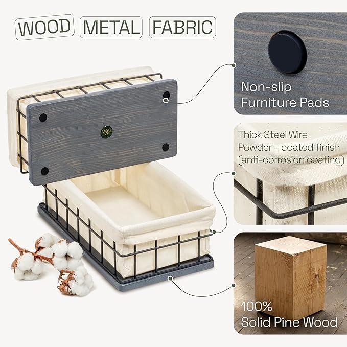 BAOBAB WORKSHOP Set of 2 Metal & Wooden Basket with Liners, Bathroom Basket Organizer & Kitchen Storage Decor, Toilet Paper Baskets for Back of Toilet Tank Tray Topper - ModernBath