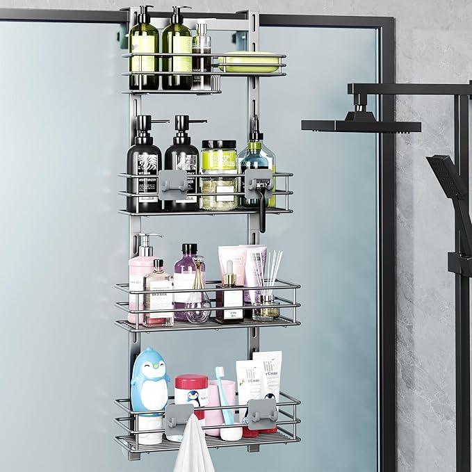 Orimade Shower Caddy Adjustable Height 4 Tier Silver,Bathroom Hanging Over the Door Organizer Shelf Rustproof with 4 Hooks,Shower Basket with Soap Holder and Suction Cup - ModernBath
