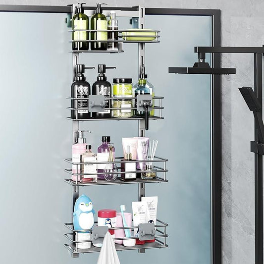 Orimade Shower Caddy Adjustable Height 4 Tier Silver,Bathroom Hanging Over the Door Organizer Shelf Rustproof with 4 Hooks,Shower Basket with Soap Holder and Suction Cup - ModernBath