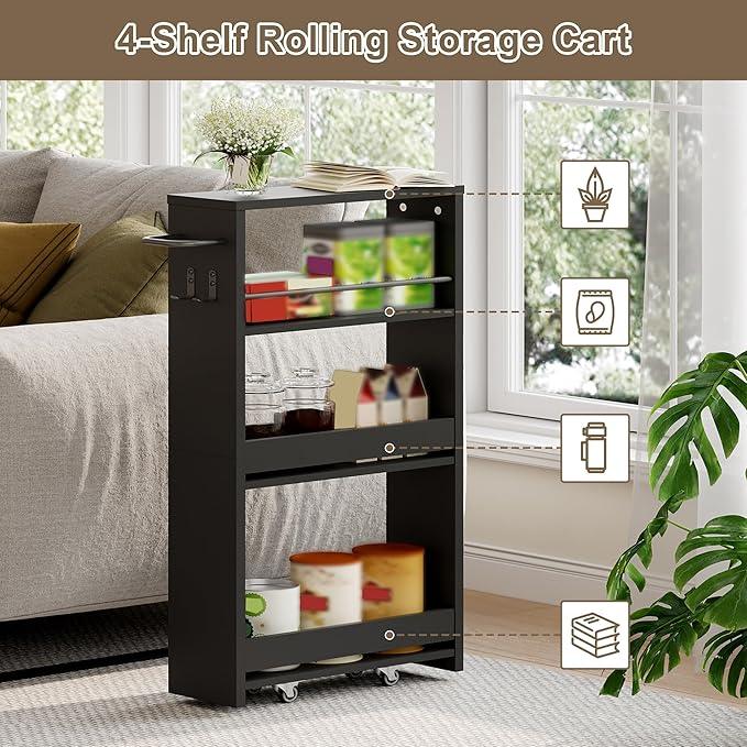 ChooChoo 4-Tier Slim Storage Cart with Handle, 5.51" W Rolling Utility Cart on Universal Wheels, Kitchen Cart Mobile Shelving Organization for Laundry Room, Bathroom & Narrow Places, Black - ModernBath