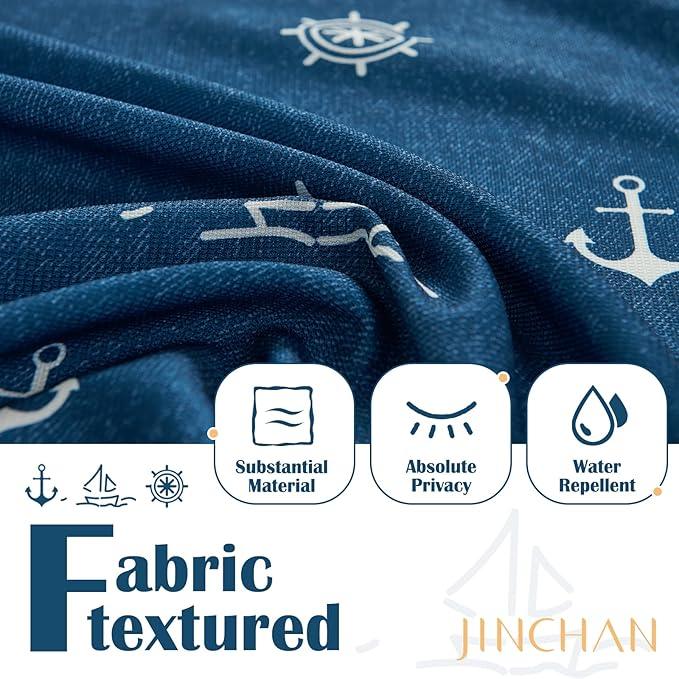 jinchan White and Navy Blue Nautical Shower Curtain Kids Cartoon Printed Waterproof Fabric Shower Curtains for Bathroom Ocean Sailboat Simple in Bath with 12 Hooks 70x72 Inches - ModernBath