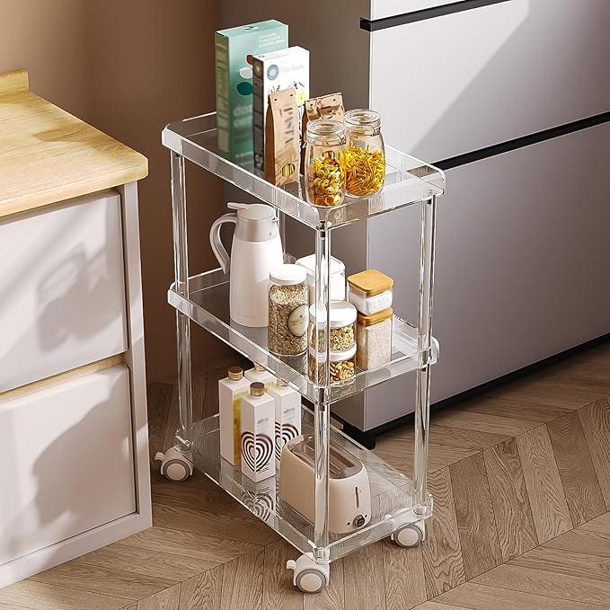 Aquiver Acrylic Slim Storage Cart - 3 Tier Utility Rolling Cart - for Kitchen, Bathroom, Living Room, Laundry, Narrow Places - 15.6'' L x 8.7'' W x 23.6'' H - ModernBath