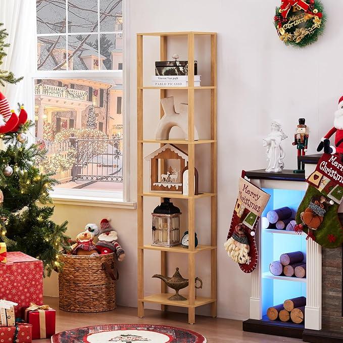 66in Tall Bookshelf 6-Tier Small Narrow Bookcase, Skinny Book Shelf for Small Space, Farmhouse Slim Shelf with Storage, Wood Freestanding Display Thin Bookshelves for Living Room, Natural - ModernBath