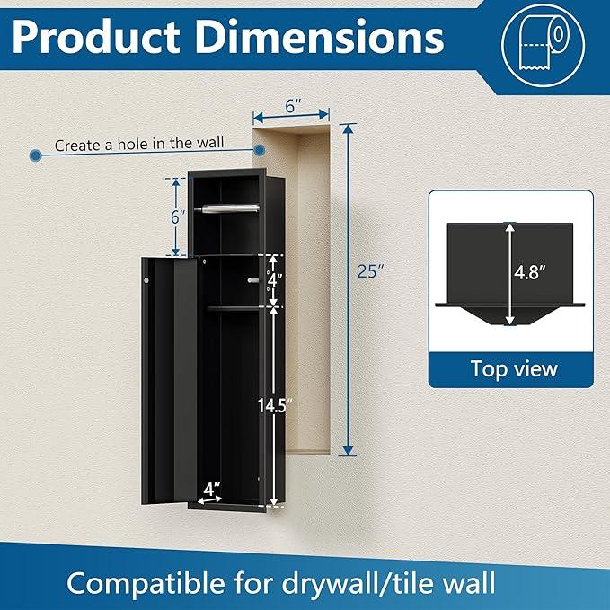 Neodrain Recessed Toilet Paper Holder, Matte Black Tissue Holder with Curved Door, 304 Stainless Steel Bathroom Storage Cabinet for Tissue Rolls, Perfect Depth fits Amarica Drywall - ModernBath