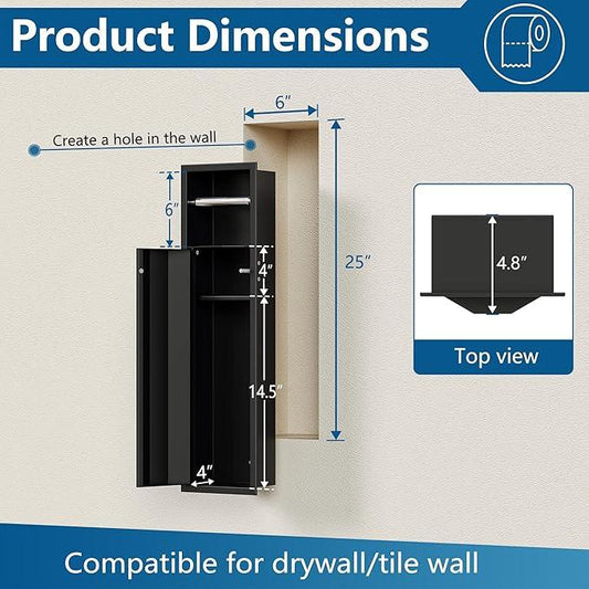 Neodrain Recessed Toilet Paper Holder, Matte Black Tissue Holder with Curved Door, 304 Stainless Steel Bathroom Storage Cabinet for Tissue Rolls, Perfect Depth fits Amarica Drywall - ModernBath