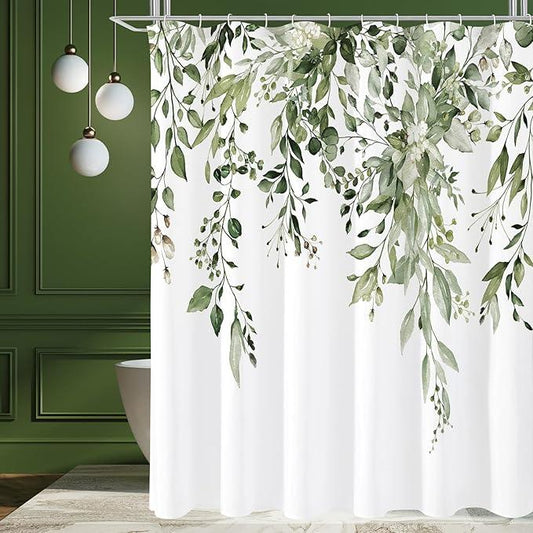 Gibelle Olive Green Eucalyptus Shower Curtain, Watercolor Plant Leaves with Floral Bathroom Shower Curtain Set with Hooks, 72x72 - ModernBath