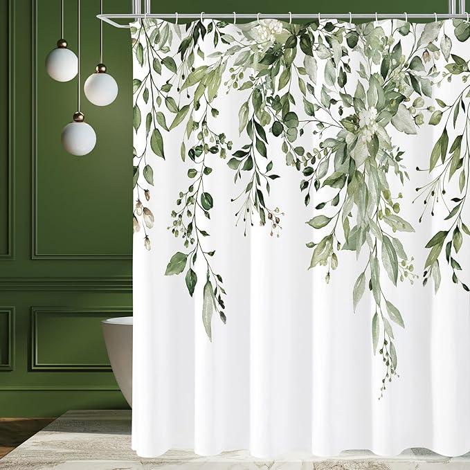 Gibelle Long Shower Curtain 72 x 78, Tall Olive Green Floral Shower Curtain for Bathroom, Watercolor Plant Eucalyptus Leaves Fabric Shower Curtain Set - ModernBath