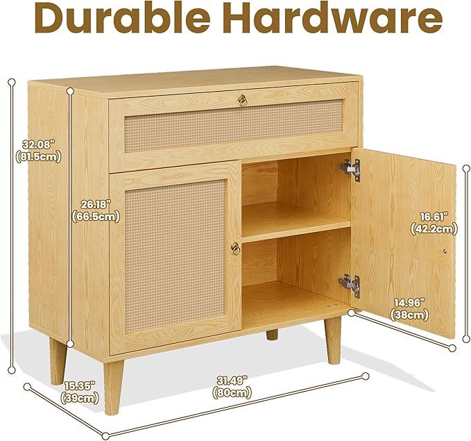 Storage Cabinet with Rattan Decor Doors & Drawer, Modern Bathroom Floor Storage Cabinet Organizer, Freestanding Cupboard for Kitchen/Living Room Use - ModernBath
