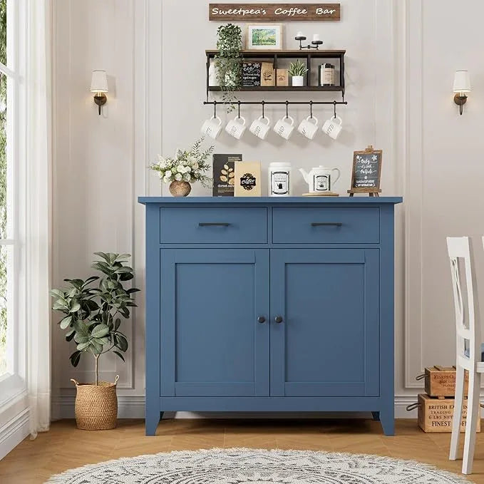 HORSTORS Kitchen Storage Cabinet, Modern Farmhouse Buffet Cabinet with Storage, Coffee Bar with 2 Drawers and 2 Doors, Floor Sideboard Buffet for Living Room, Dining Room, Bathroom, Blue - ModernBath