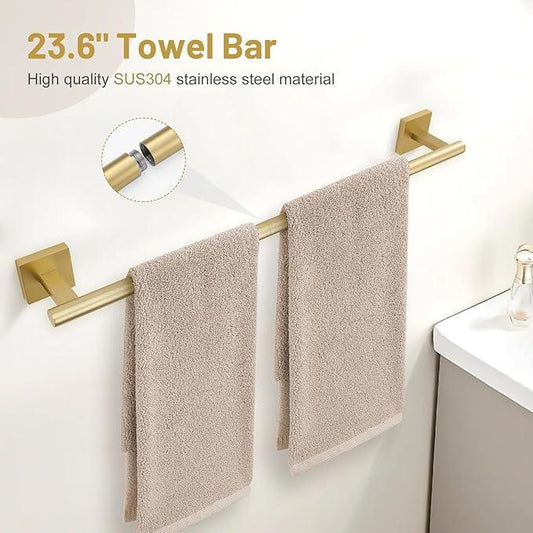 Brushed Gold Bathroom Hardware Set, 5-Piece Bath Towel Bar Set with 23.6” Towel Bar, Towel Ring, Toilet Paper Holder, Two Hooks, SUS304 Towel Racks for Bathroom Wall Mounted - ModernBath