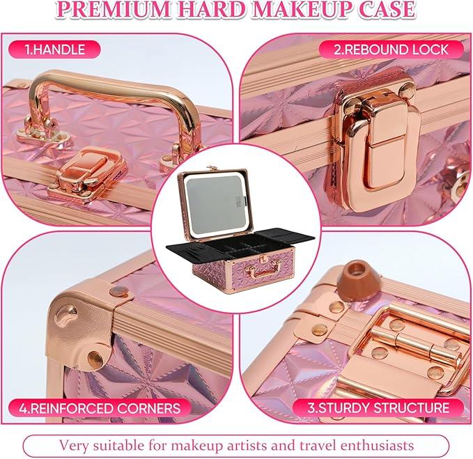 Yooaye Makeup Box with Detachable Lighted Mirror–Travel Train Case, Cosmetic Storage Organizer & Makeup Suitcase with Adjustable Dividers & Magnetic LED Mirror (Pink) - ModernBath