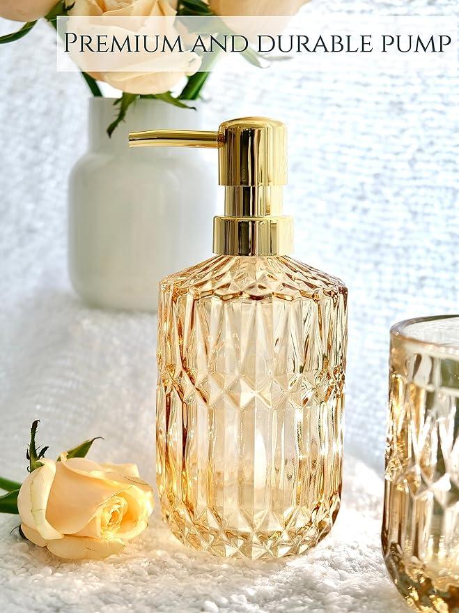 LaMarriti Clear Gold Bathroom Accessorries Set, 5Pcs Glass Bathroom Accessories, Lotion Soap Dispenser, Toothbrush Holder Set, Soap Dish, Tumbler, Qtips Holder for Bathroom Vanity Decor, Yellow Gold - ModernBath