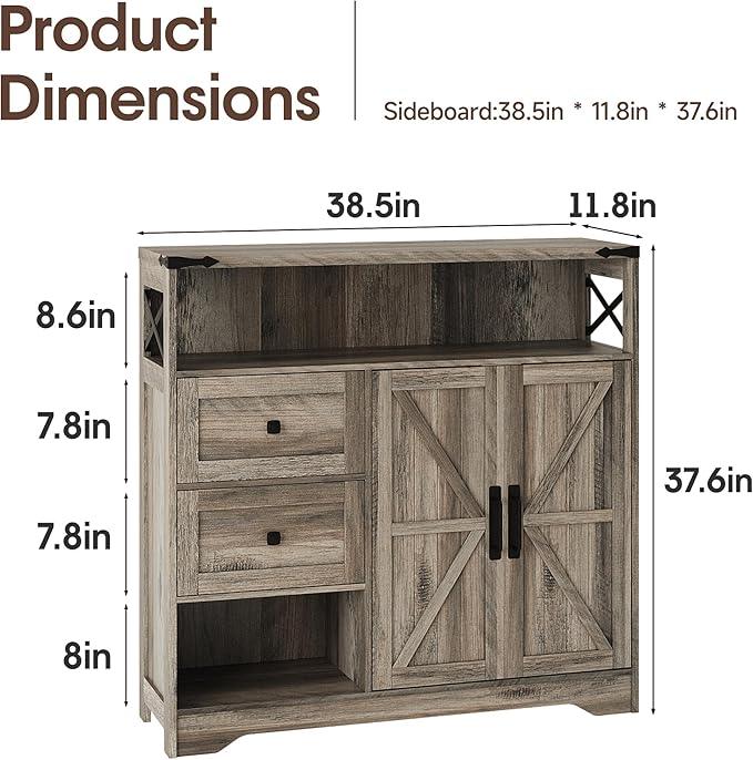 Fameill Farmhouse Storage Cabinet with Drawers and Open Storage,Freestanding Kitchen Pantry with 2 Barn Doors, Floor Cabinet with Adjustable Shelf for Living Room,Grey - ModernBath