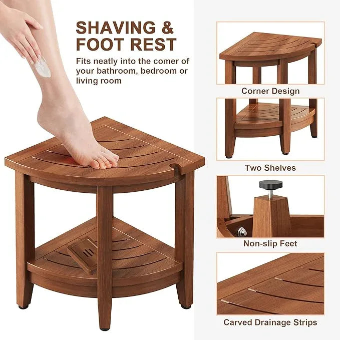 Jekruiet 18" Teak Corner Shower Stool, Inside Shower Stool with Storage Shelf, Waterproof Teak Stool for Shaving Legs and to Sit On, 2-Tier Shower Stool,Adjustable Feet, Non-Slip, Brown - ModernBath