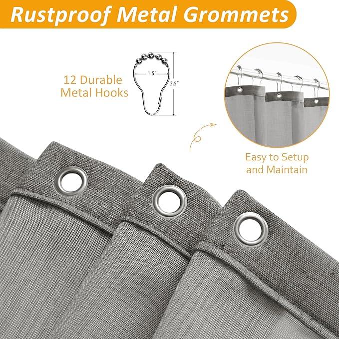 Naturoom Long Shower Curtain 84 Length Linen Thick Cloth Bath Grey Shower Curtain Set with Liner, Tall Modern Farmhouse Neutral Fabric Men Curtains for Bathroom, Mesh Top Window, Gray - ModernBath