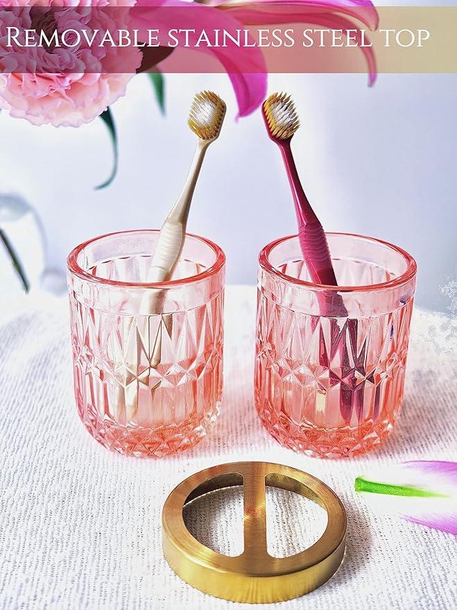 LaMarriti 5pcs Clear Glass Bathroom Accessories Set, Crystal Pink Bathroom Decor Set, Soap Dispenser, Toothbrush Holder Set, Soap Dish, Tumbler, Qtips Holder, Modern Decor for Bathroom, Gift Set - ModernBath