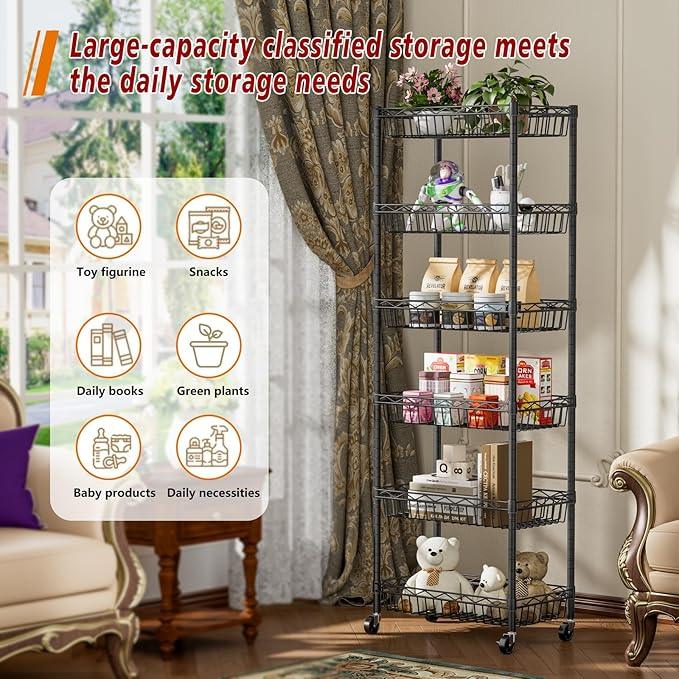 6 Tier Basket Shelf Wire Shelving Unit Adjustable Storage Shelves Big Basket Rack for Garage Kitchen Office Pantry Corner 17.2" Dx12.2 Wx63 H Black - ModernBath