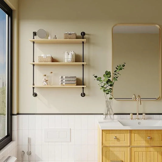 3-Tier Industrial Pipe Floating Shelf – Rustic 36 inch Wood Wall-Mounted Storage Shelf for Kitchen Office,Bathroom & Home Decor -White Oak - ModernBath