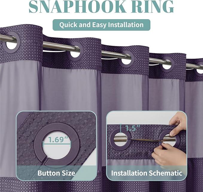 eachope Purple No Hook Waffle Weave Shower Curtain with snap-in Liner Replacement, 230GSM Waterproof Fabric Hotel Shower Curtain Set for Bathroom, Through Mesh Top Window,54Wx80H - ModernBath