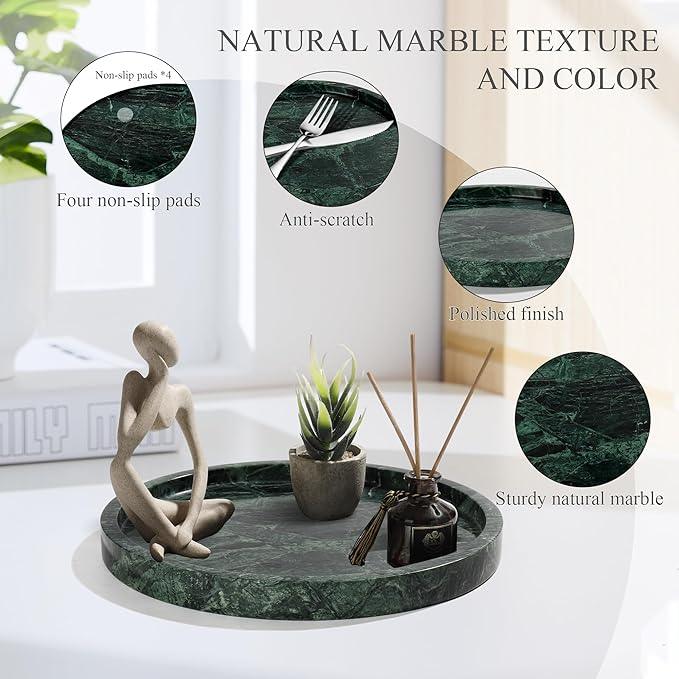 Real Natural Round Marble Tray for Bathroom, Genuine Marble Stone Vanity Tray, Luxury Storage Trays for Kitchen, Vanity, Home Decor, Dresser, Non-Resin/Non-Ceramic, 10"x 1", Green - ModernBath