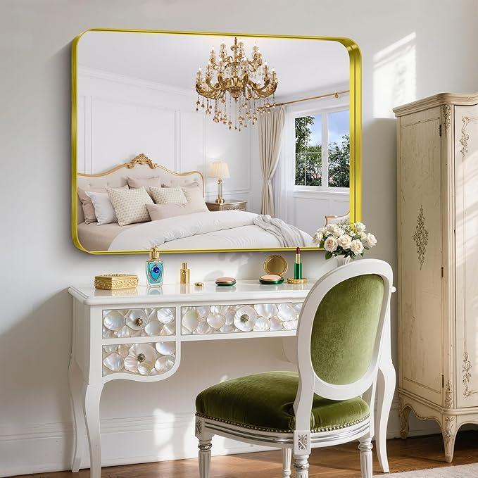 FORBATH 48x36 Inch Bathroom Mirror, Brushed Gold Deep Frame Wall Mirror with Rounded Corners, Anti-Rust Glass for Modern Farmhouse Vanity (Horizontal/Vertical Hanging) - ModernBath