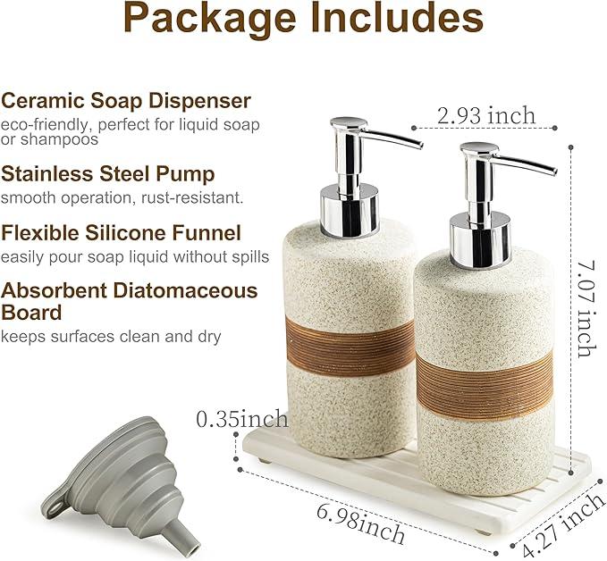 Cormomu 2-Pack Ceramic Soap Dispensers Set, Includes Stainless Steel Pump, Silicone Funnel and Diatomaceous Tray, Hand Soap, Dish Soap, Shampoo and Conditioner Dispenser for Bathroom & Washroom, White - ModernBath