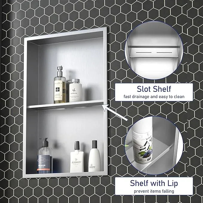 Stainless Steel Shower Niche 14"×24" Brushed No Tiled Needed Niche Shower for Bathroom Wall Recessed Shower Shelf for Storage - ModernBath
