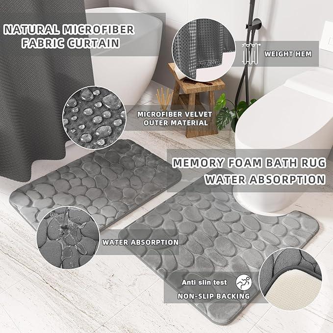 XLHOMO Bathroom Accessories Set- 25PC Grey Bathroom Set, Bathroom Set with Shower Curtain and Rugs, Shower Curtain Set, Toilet Brush, Trash Can, Qtip Holder Dispenser & Soap Dispenser - ModernBath