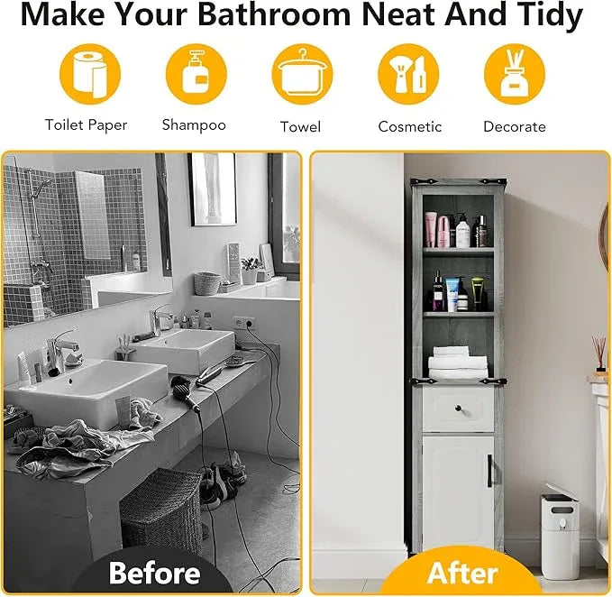 63 Inch Tall Corner Cabinet, Modern Corner Storage Cabinet with Door & Adjustable Shelves & Drawers, Anti-Tipping Free Standing Linen Tower for Bedroom, Bathroom, Kitchen, Pantry (Grey) - ModernBath